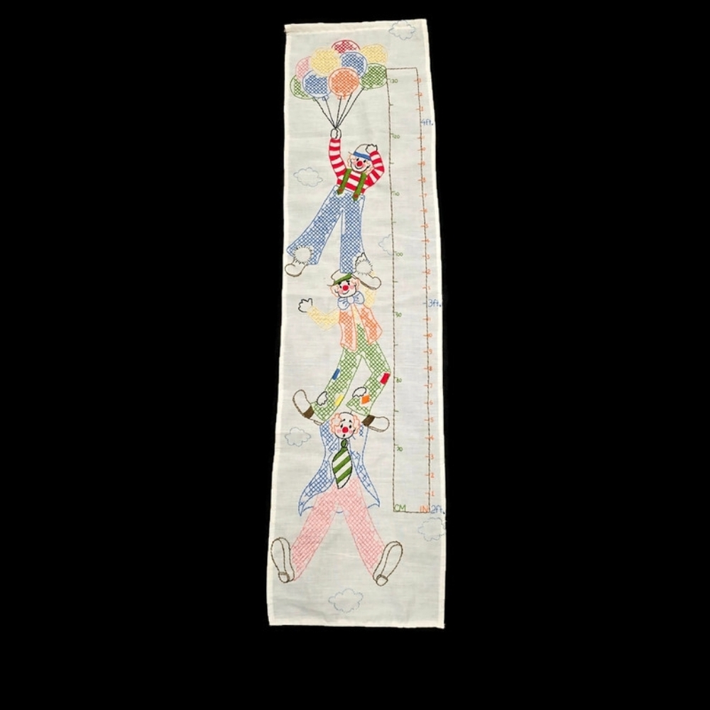 Hand Embroidered Colorful Clown Kids Growth Chart Wall Hanging 4ft Nursery